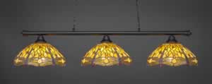 Oxford 3 Light Billiard Light Shown In Matte Black Finish With 16" Amber Dragonfly Tiffany Glass