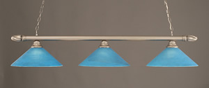 Brushed Nickel Finish 3 Light Bar With Swirl Ends And 16" Blue Italian Glass Shade