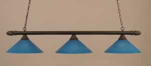 Round 3 Light Billiard Light Shown In Dark Granite Finish With 16" Blue Italian Glass