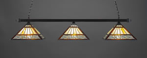 Square 3 Light Bar With Square Fitters Shown In Black Copper Finish With 14" Greek Key Tiffany Glass