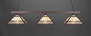 Square 3 Light Bar With Square Fitters Shown In Bronze Finish With 14" Greek Key Tiffany Glass