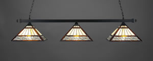 Square 3 Light Bar With Square Fitters Shown In Matte Black Finish With 14" Greek Key Tiffany Glass