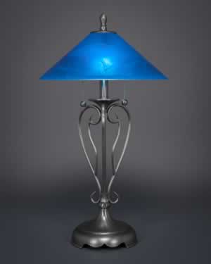 Olde Iron Table Lamp Shown In Brushed Nickel With 16" Blue Italian Glass