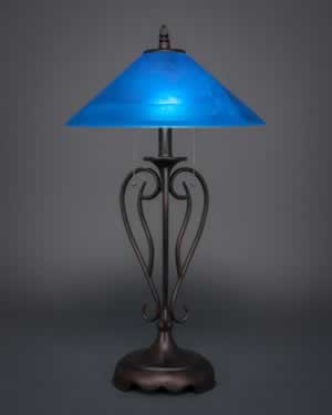 Olde Iron Table Lamp Shown In Bronze With 16" Blue Italian Glass