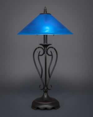 Olde Iron Table Lamp Shown In Dark Granite Finish With 16" Blue Italian Glass