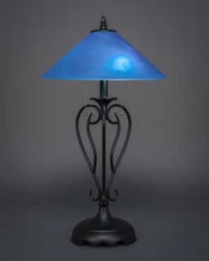 Olde Iron Table Lamp Shown In Matte Black Finish With 16" Blue Italian Glass