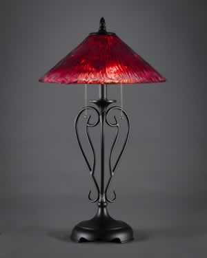 Olde Iron Table Lamp Shown In Matte Black With 16" Raspberry Crystal Glass
