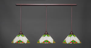 3 Light Multi Light Pendant With Hang Straight Swivels Shown In Bronze Finish With 15" Green Sunray Tiffany Glass