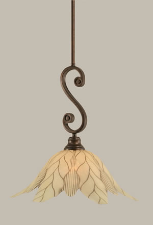 Curl Mini Pendant With Hang Straight Swivel Shown In Bronze Finish With 16" Vanilla Leaf Glass
