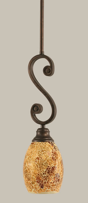 Curl Mini Pendant Shown In Bronze Finish With 5" Gold Fusion Glass