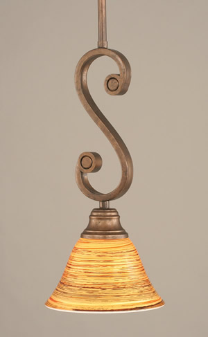 Curl Mini Pendant With Hang Straight Swivel Shown In Bronze Finish With 7" Firré Saturn Glass