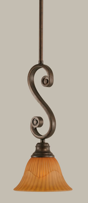 Curl Mini Pendant Shown In Bronze Finish With 7" Tiger Glass