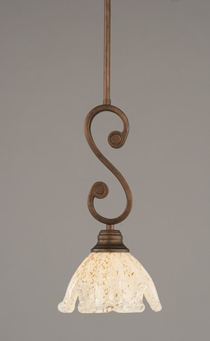 Curl Mini Pendant Shown In Bronze Finish With 7" Gold Ice Glass