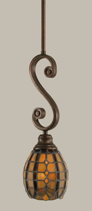 Curl Mini Pendant Shown In Bronze Finish With 5.5" Paradise Tiffany Glass