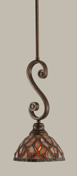 Curl Mini Pendant Shown In Bronze Finish With 7" Persian Nites Tiffany Glass