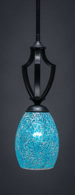 Zilo 1 Light Mini Pendant Shown In Matte Black Finish With 5" Turquoise Fusion Glass