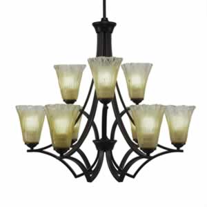 Zilo 9 Light Chandelier Shown In Dark Granite Finish With 5.5" Fluted Amber Crystal Glass
