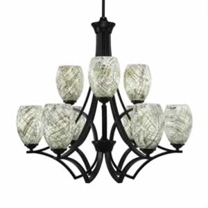 Zilo 9 Light Chandelier Shown In Matte Black Finish With 5" Natural Fusion Glass