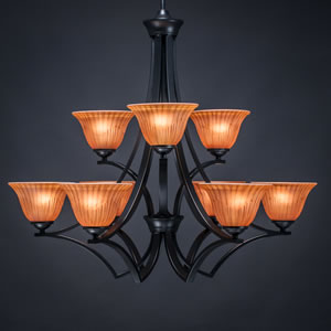 Zilo 9 Light Chandelier Shown In Matte Black Finish With 7" Tiger Marble Glass