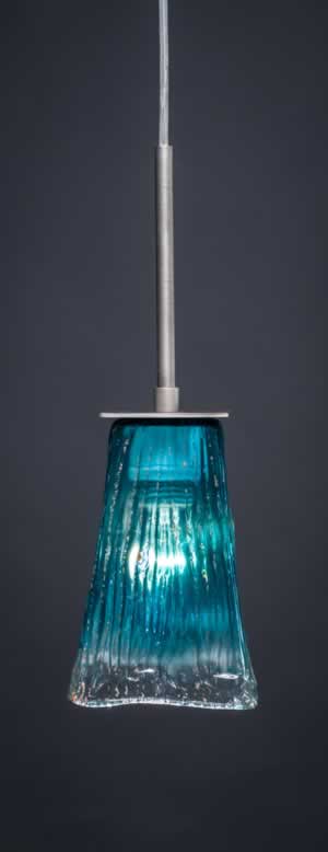 Apollo Cord Mini Pendant With Hang Straight Swivel Shown In Graphite Finish With 5" Square Teal Crystal Glass