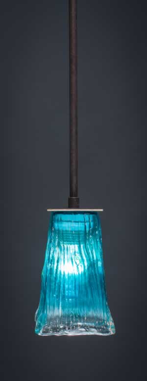 Apollo Stem Mini Pendant With Hang Straight Swivel Shown In Dark Granite Finish With 5" Square Teal Crystal Glass