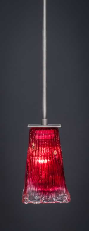 Apollo Stem Mini Pendant With Hang Straight Swivel Shown In Graphite Finish With 5" Square Raspberry Crystal Glass