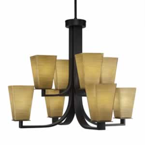 Apollo 8 Light Chandelier With Hang Straight Swivel Shown In Dark Granite Finish With 5" Square Cayenne Linen Glass
