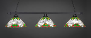 Square 3 Light Bar Shown In Matte Black Finish With 15" Green Sunray Tiffany Glass