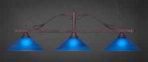 Scroll 3 Light Billiard Light Shown In Bronze Finish With 16" Blue Italian Glass