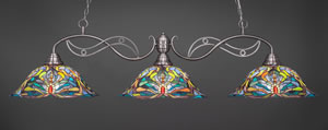 Jazz 3 Light Billiard Light Shown In Brushed Nickel Finish With 19" Kaleidoscope Tiffany Glass