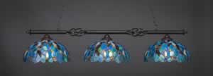Eleganté 3 Light Billiard Light Shown In Dark Granite Finish With 16" Blue Mosaic Tiffany Glass
