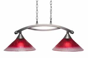 Bow 2 Light Island Light Shown In Brushed Nickel Finish With 12" Raspberry Glass