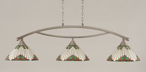 Bow 3 Light Billiard Light Shown In Brushed Nickel Finish With 15" Green Sunray Tiffany Glass