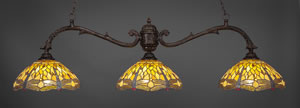 Octopus 3 Light Billiard Light Shown In Bronze Finish With 16" Amber Dragonfly Tiffany Glass