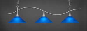 Swoop 3 Light Billiard Light Shown In Brushed Nickel Finish With 16" Blue Italian Glass