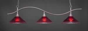 Swoop 3 Light Billiard Light Shown In Brushed Nickel Finish With 16" Raspberry Crystal Glass