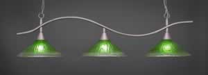 Swoop 3 Light Billiard Light Shown In Brushed Nickel Finish With 16" Kiwi Green Crystal Glass