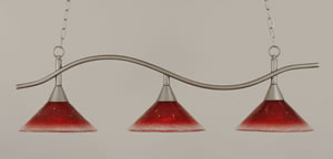 Swoop 3 Light Island Light Shown In Brushed Nickel Finish With 12" Raspberry Crystal Glass