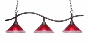 Swoop 3 Light Island Light Shown In Bronze Finish With 12" Raspberry Crystal Glass