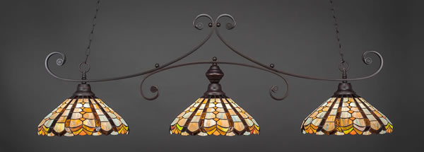 Curl 3 Light Billiard Light Shown In Dark Granite Finish With 15" Paradise Tiffany Glass
