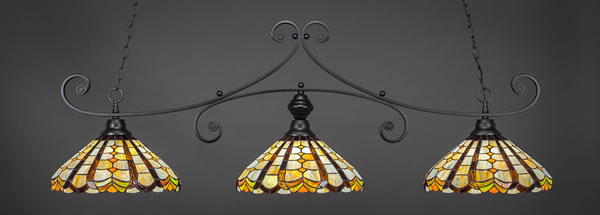 Curl 3 Light Billiard Light Shown In Matte Black Finish With 15" Paradise Tiffany Glass