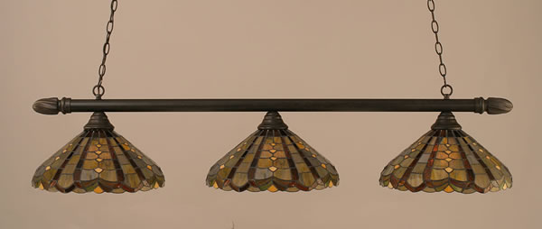 Round 3 Light Billiard Light Shown In Dark Granite Finish With 15" Paradise Tiffany Glass