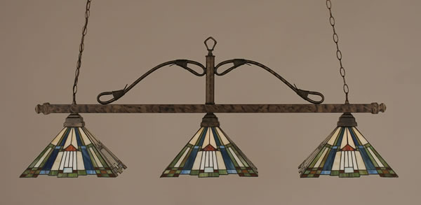 Scroll 3 Light Billiard Light Shown In Bronze Finish With 14" Tango Tiffany Glass