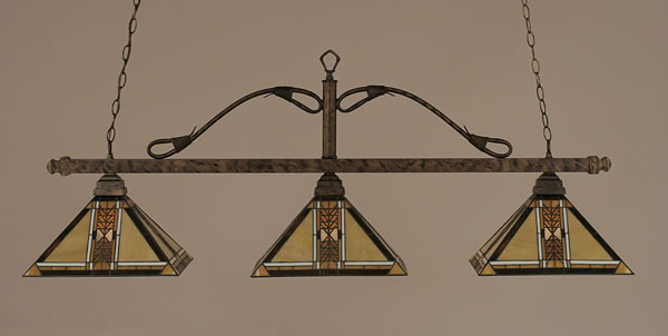 Square 3 Light Billiard Light Shown In Bronze Finish With 14" Santa Cruz Tiffany Glass