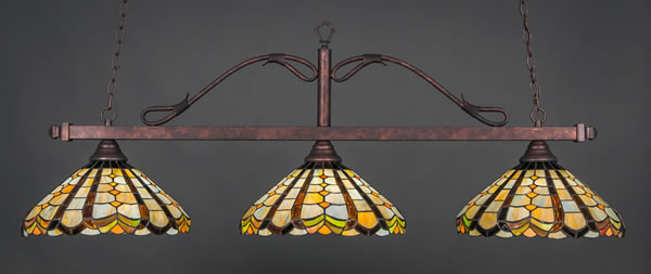 Scroll 3 Light Billiard Light Shown In Dark Granite Finish With 16" Amber Marble Glass