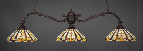 Octopus 3 Light Billiard Light Shown In Bronze Finish With 15" Paradise Tiffany Glass