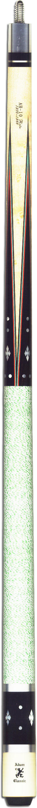 This pool cue has a birdseye maple forearm with four ebony points with orange, blue and black veneers. Each point has a mother of pearl notched diamond and four mother of pearl dot inlays.  The butt is ebony with four mother of pearl notched diamonds and eight mother of pearl dot inlays.  There are two very wide silver rings in the butt.  The wrap is white with green spec Irish linen.  The joint is piloted stainless steel with a 5/16 x 14 pin with two nickel silver rings set in black phenolic collars.  This cue comes with one shaft with a 13mm pro taper and a Le Pro leather tip.