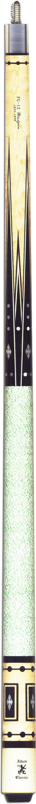 This pool cue has a birdseye maple forearm with eight ebony points with maple and black veneers.  The four high points have a mother of pearl notched diamond and five mother of pearl dot inlays. The low points have a mother of pearl dot inlay.  The butt is birdseye maple with mother of pearl notched diamond inlays inside of ebony windows outlined with maple and ebony.  There are four sets of ebony rings set in birdseye maple.  The wrap is white with green spec Irish linen.  The joint is piloted stainless steel with a 5/16 x 14 pin.  This cue comes with one shaft with a 13mm pro taper and a Le Pro leather tip.