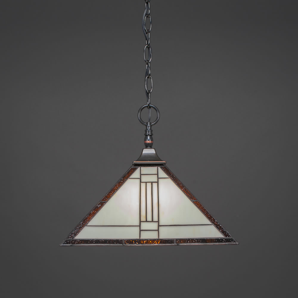 Chain Hung Pendant With Square Fitter Shown In Black Copper Finish With 14" Sante Fe Tiffany Glass