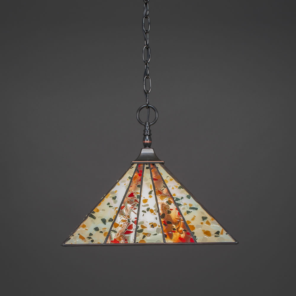 Chain Hung Pendant With Square Fitter Shown In Black Copper Finish With 14" Fiesta Tiffany Glass